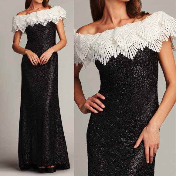 NWT TADASHI SHOJI Taj Sequin Off the Shoulder Gown Dress Black Size 18 - Picture 1 of 2